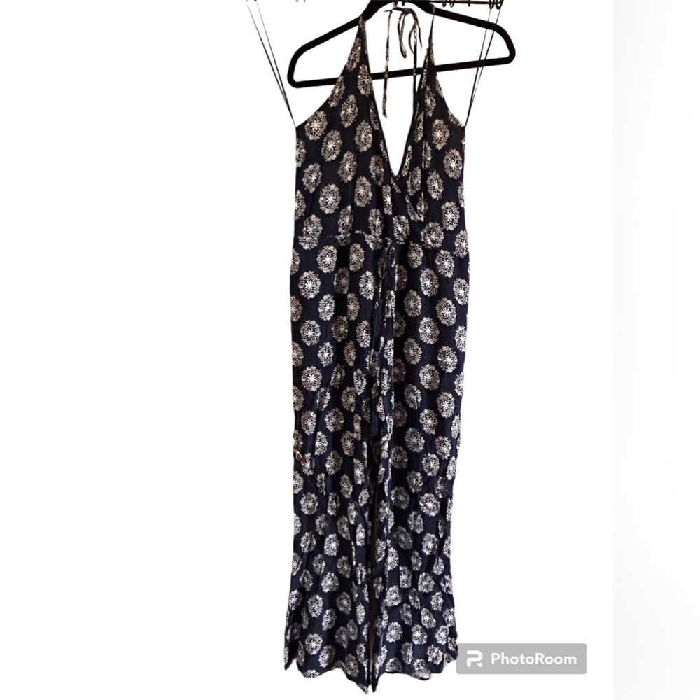 Gab ❤️ Kate Blue and White Floral Halter Wide Leg Jumpsuit. Women’s Large